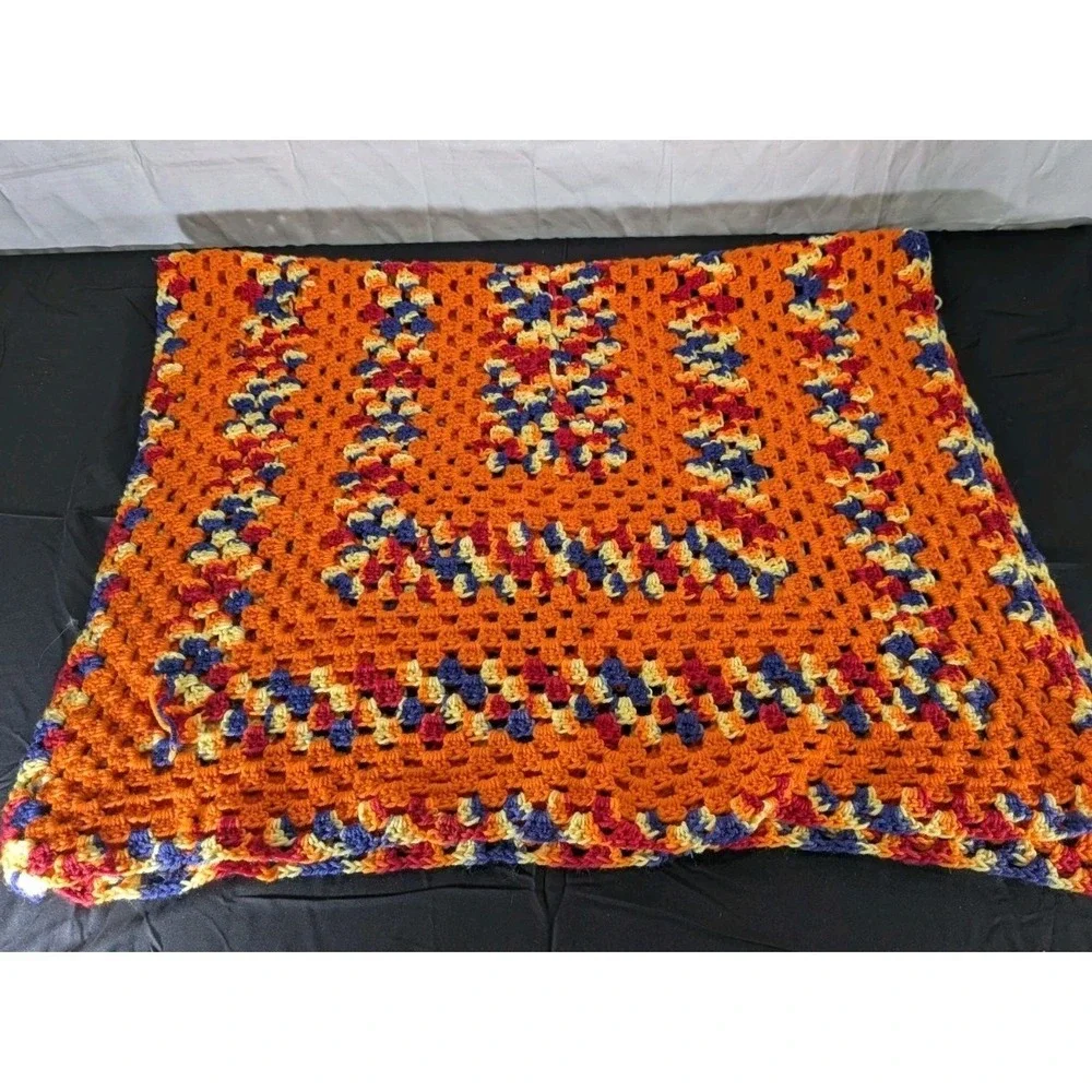 Vtg Autumn Inspired Hand Knitted Afghan Throw Orange Yellow Blue Red 48